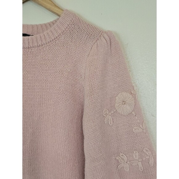 Cliche Pink Knit Sweater Womens Size XS Floral Embroidered Balloon Sleeve - Picture 2 of 9